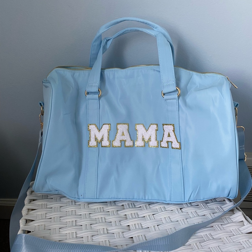 Blue Mama letter patches nylon duffle overnight bag